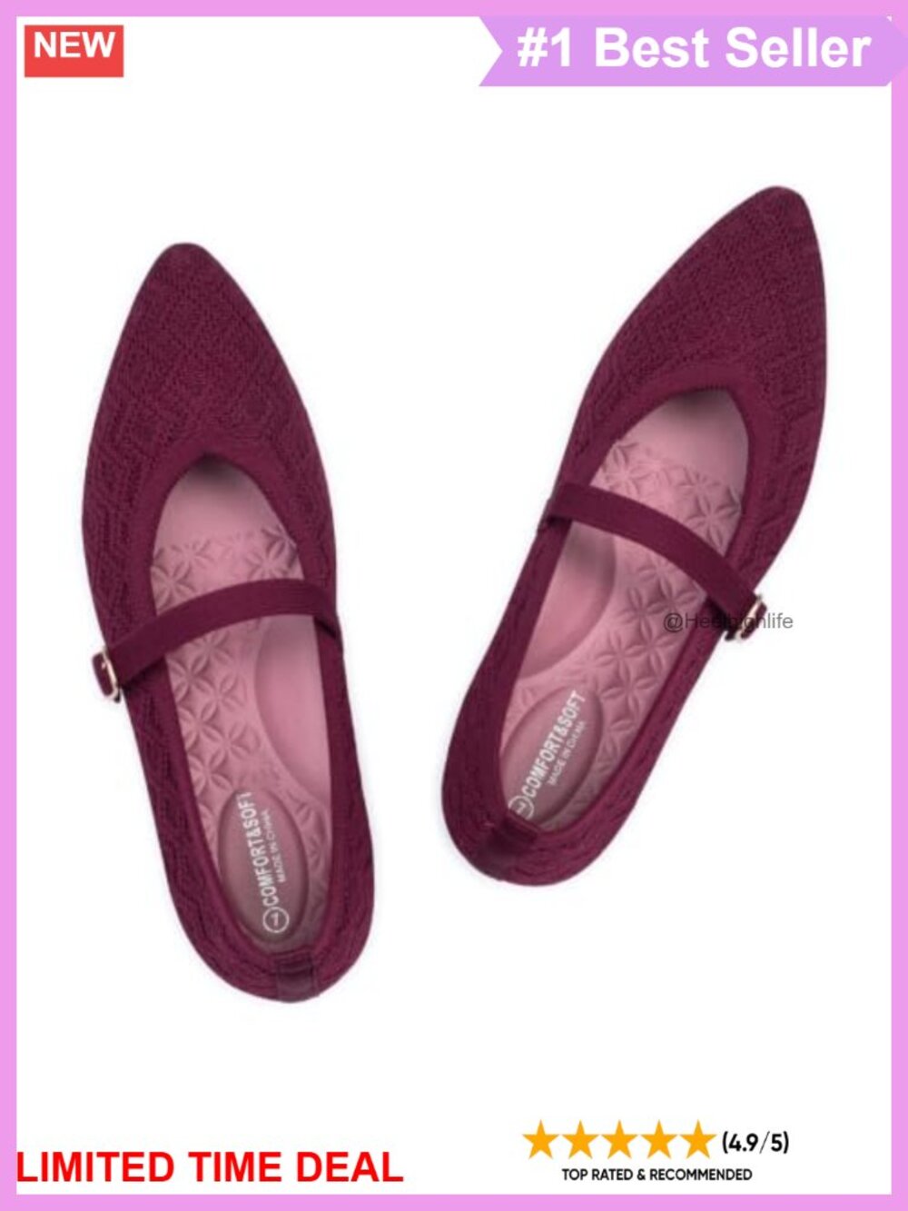 Textured Knit Mary Jane Flats Pointed Toe Adjustable Strap